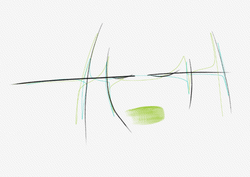 Abstract face suggested by black structural lines, fine colored aura, and an expressive mouth.