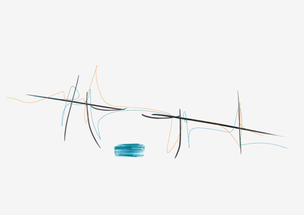 Minimal abstract portrait built with black structural lines and thin colored strokes suggesting presence.